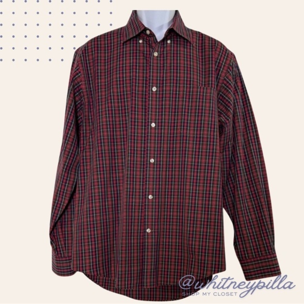 Men’s Lands End Red, Green, Navy Plaid Button Down Shirt Classic Fit size Large